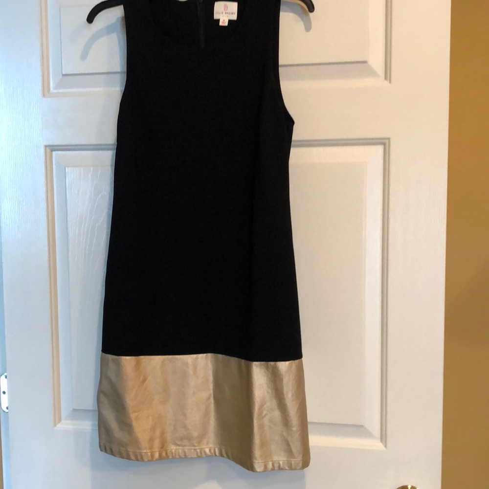 Julie Brown black sleeveless dress with gold faux leather on bottom!  Size M!